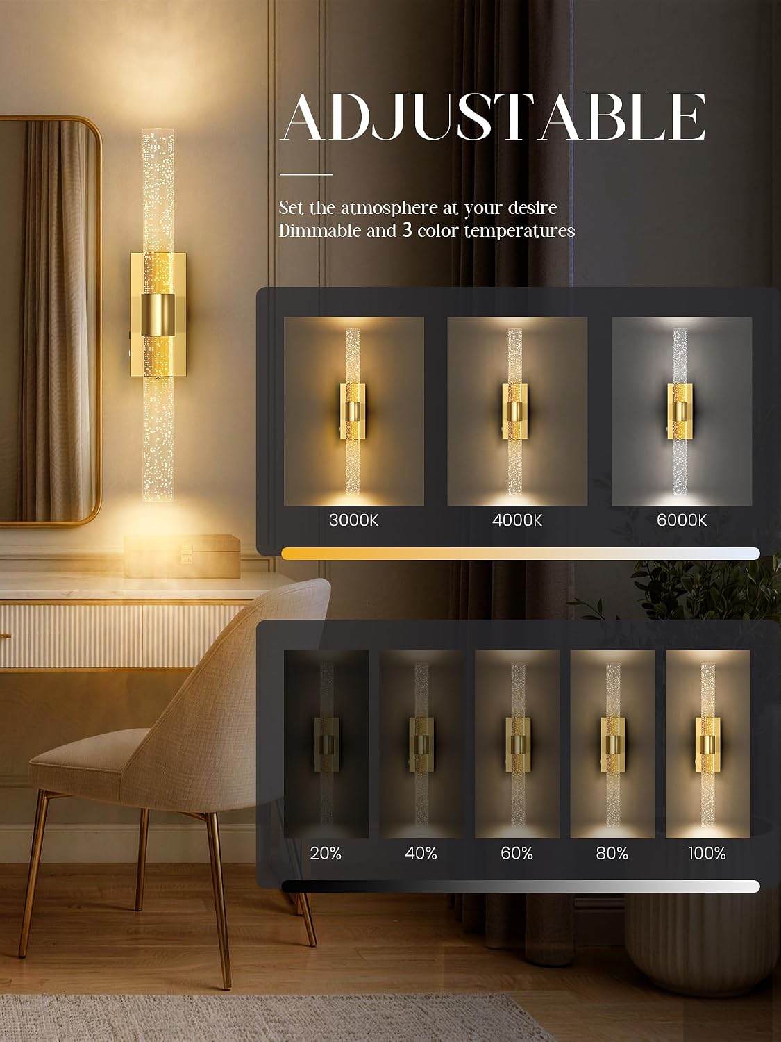 10000mAh Battery Operated Wall Sconces Set of 2, Gold, 20 Inch | 3CCT, Renter Friendly, Rechargeable Wall lights