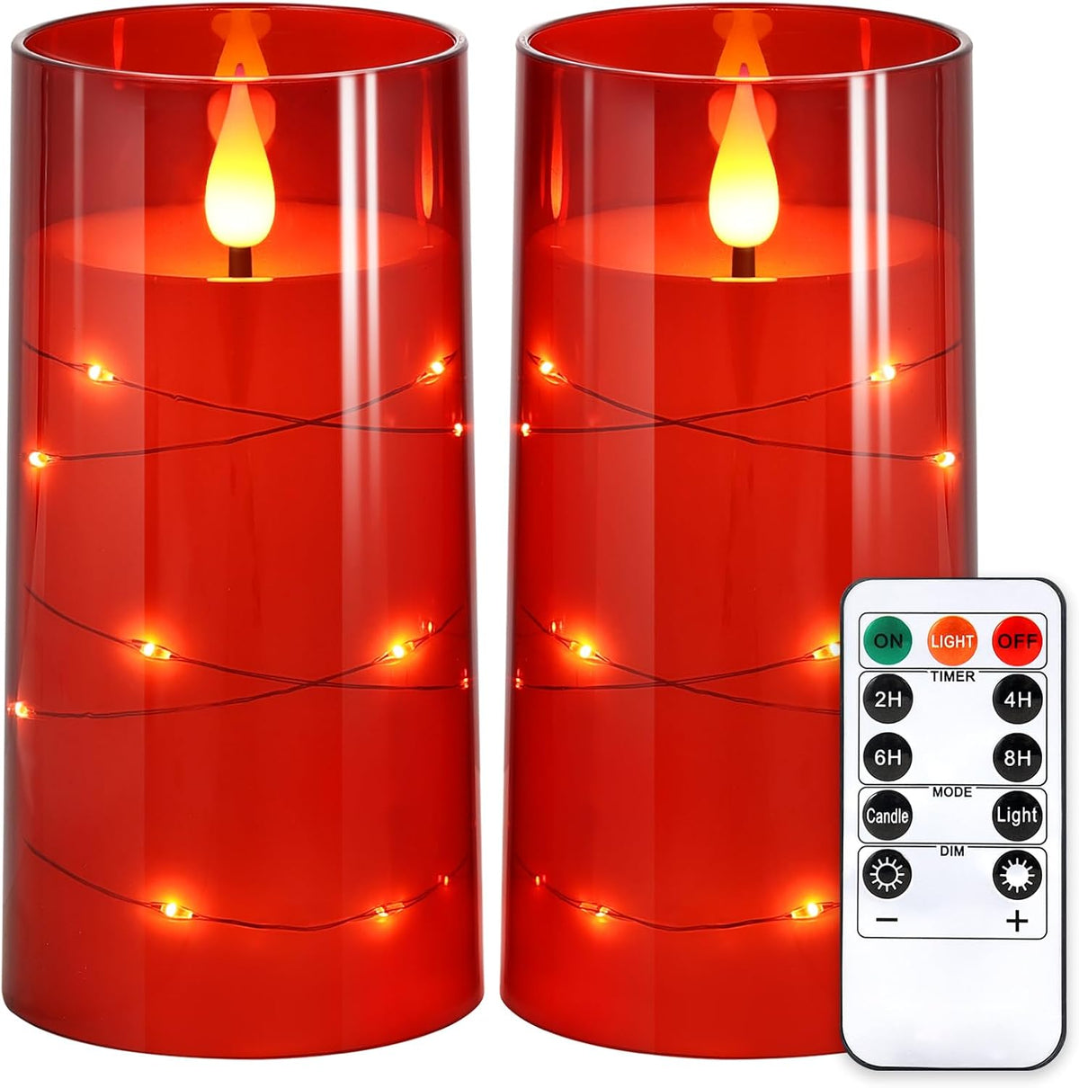 NURADA Flickering Flameless Candles: Built-in Star String Lights Battery Operated LED Pillar Candles with Remote and Timer Romantic Decorations for Wedding Party Christmas Halloween - Red 2 Pack