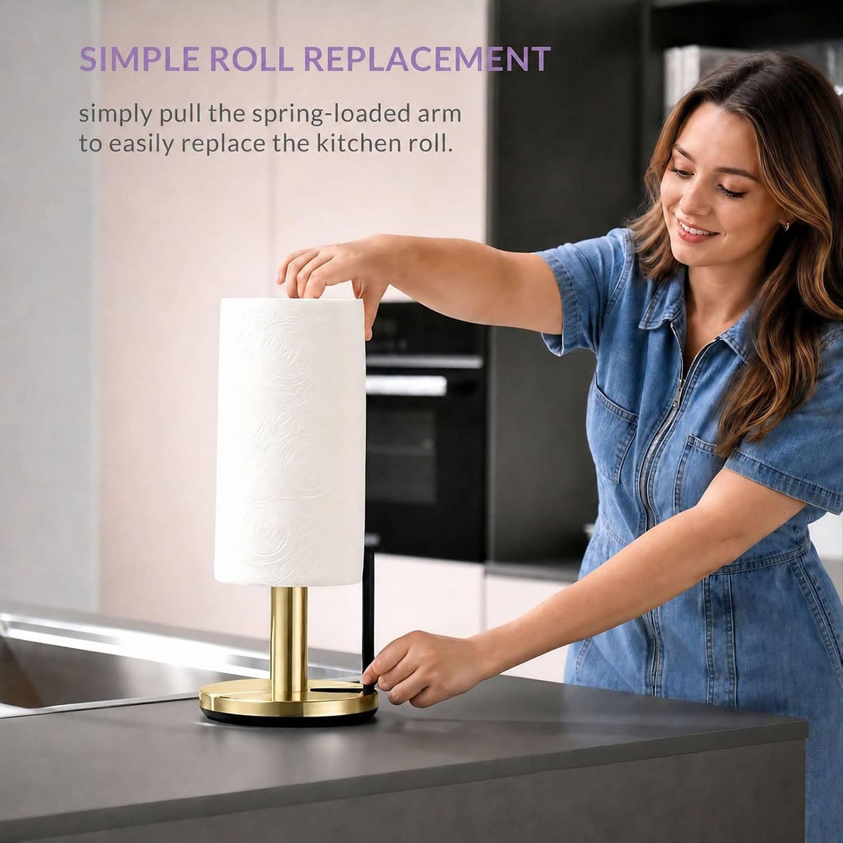 simpletome ONE Hand Tear Paper Towel Holder Countertop (Brushed Gold) | tension arm, tear one/more sheets at one time