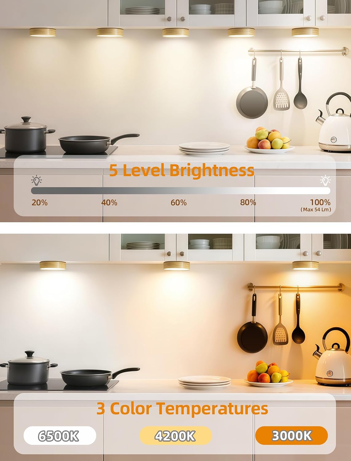 3-Pack Under Counter Lights for Kitchen Shelf Lights Stick On Lights Wood | 3 color temps & 12 RGB, dimmable, 15/30/60