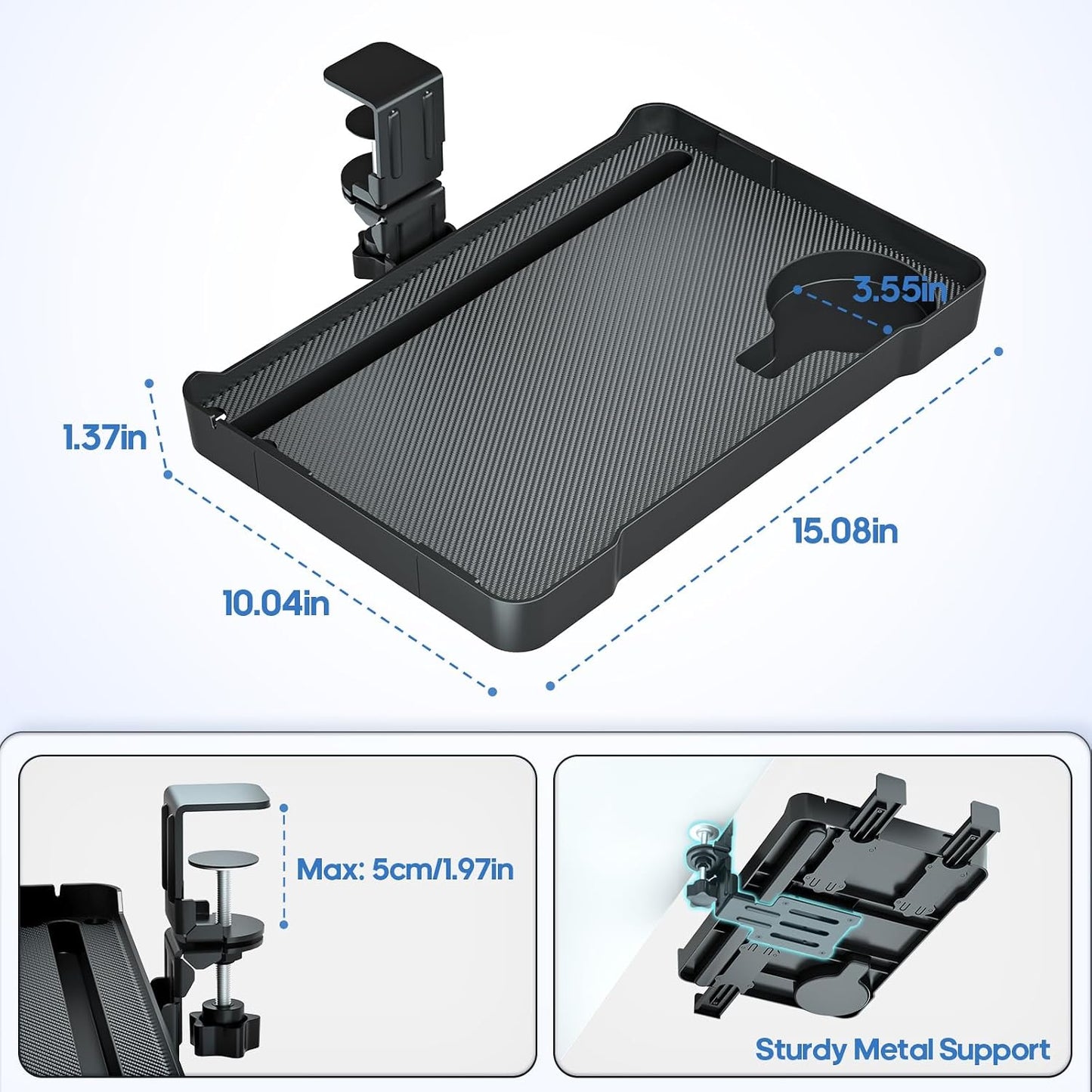 KDD Under Desk Organizer - 360° Rotating Clamp-On Tray with Headphone Hook, Phone & Tablet Holder, Cup Holder, and