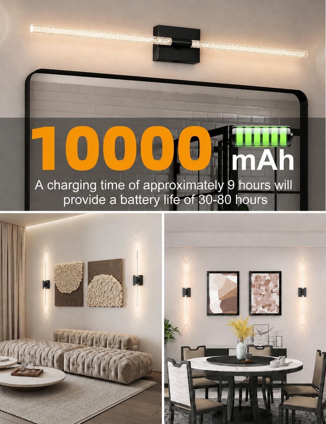 Crystal Bubble Rechargeable Wall Sconces Set of 2, Wireless Modern Lights | 10000mAh, Remote Control, 3000K-6000K