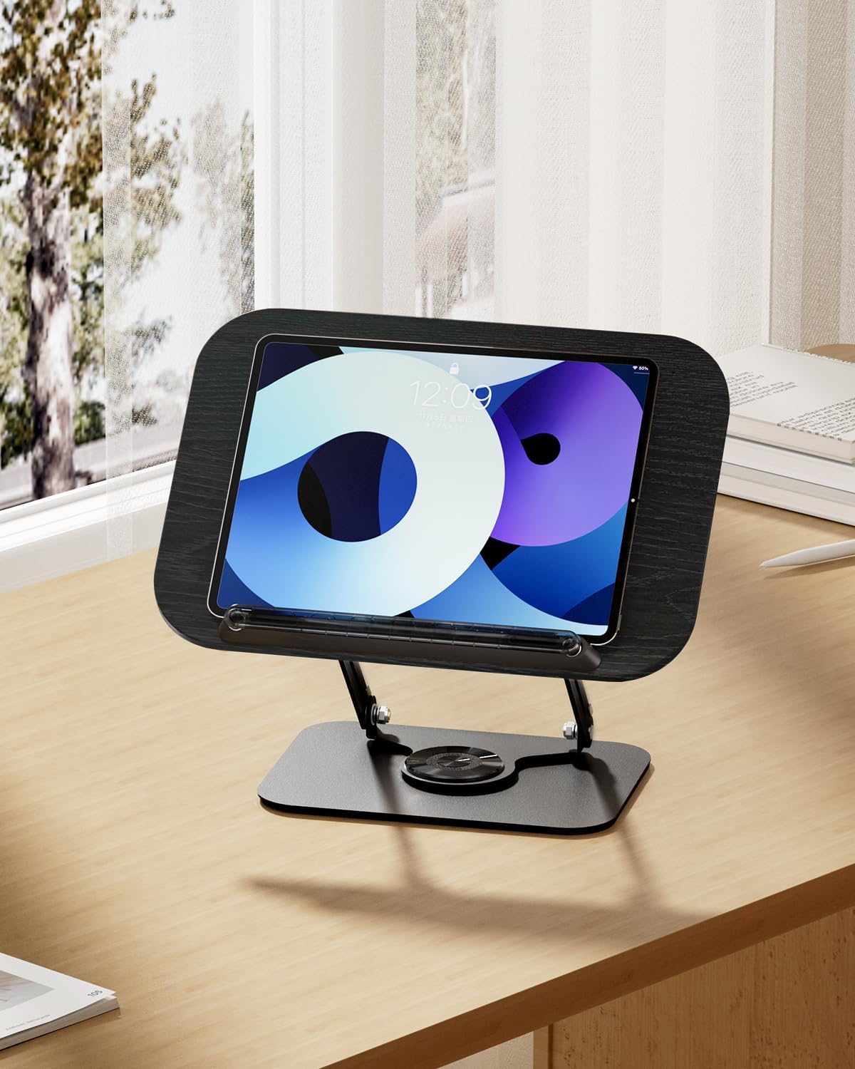 Viozon Book Stand for Reading,Book Holder, Height&Angle Adjustable, 360° Rotating Base, Foldable and Portable