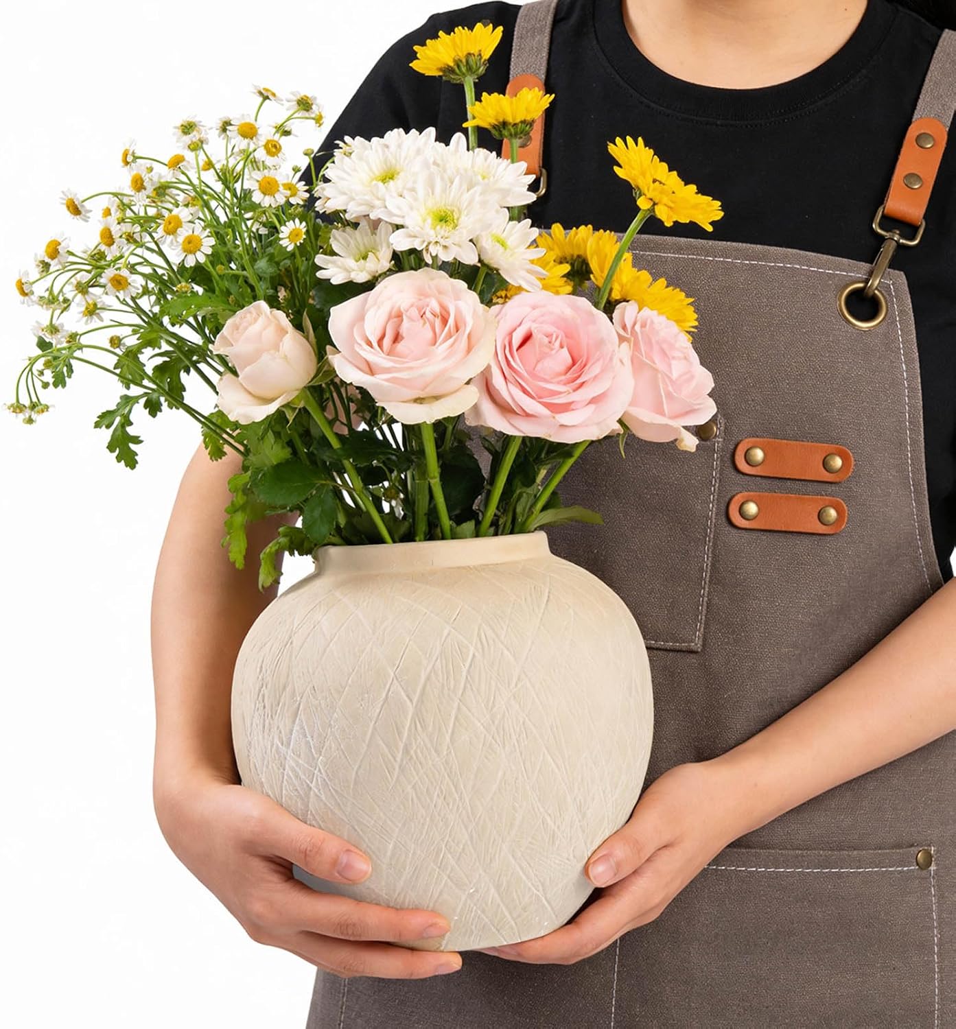 in Ceramic Boho Decorative Vase for Decor / 03 - Large Rustic Carved Beige / 8.8 Inch