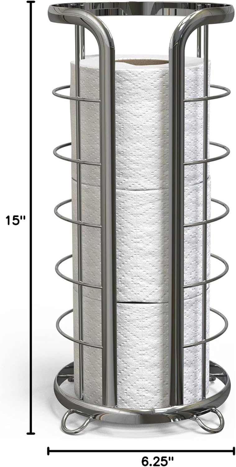 BROOKSTONE, Shiny Chrome Toilet Paper Holder, Freestanding Bathroom Tissue Organizer, Minimalistic Storage Solution
