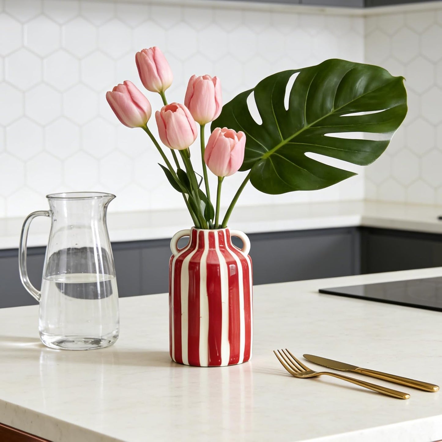Ceramic Vase / Mid Century Modern Striped Vase for Flower & Pampas Grass Centerpiece / Red and White