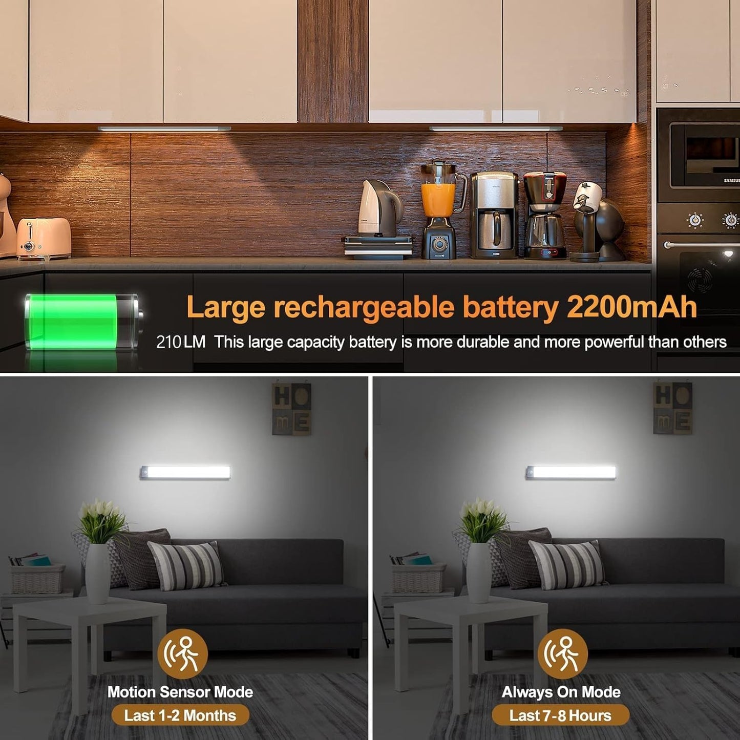 Under Cabinet Lights 2 Pack, 60 LED Dimmable Motion Sensor Light Indoor, Wireless USB Rechargeable with 3 Color Modes &