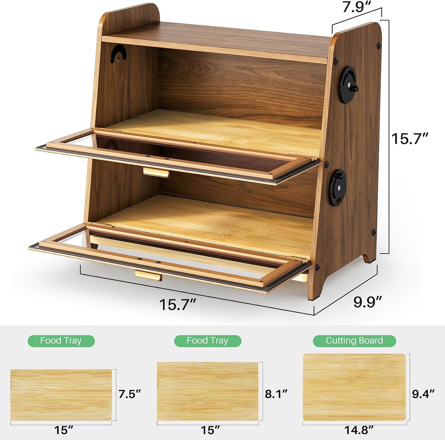 SNTD 2 Tier Bread Box for Kitchen Countertop, Adjustable Ventilation, Brown | Bamboo Cutting Board, Airtight Design