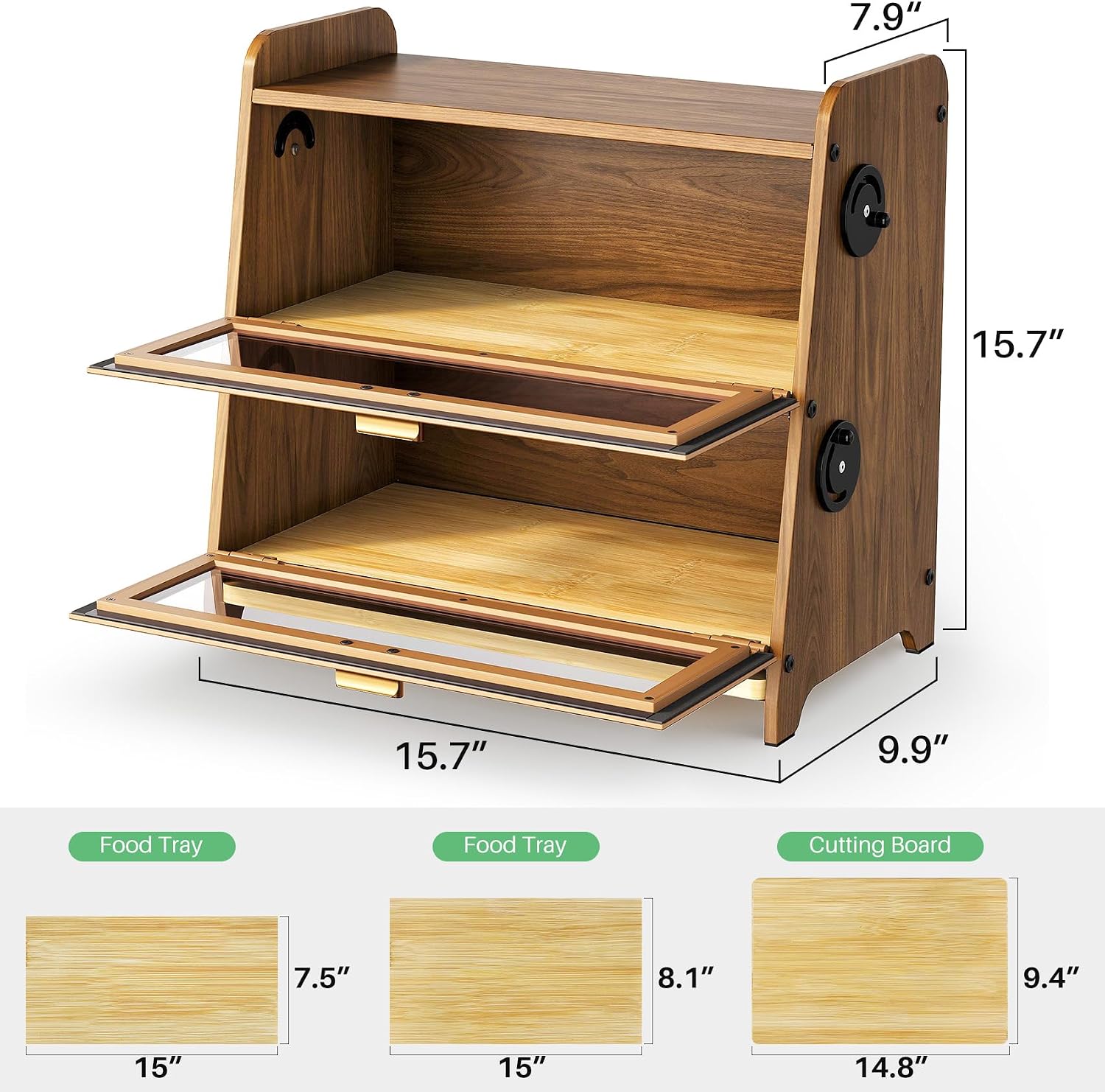SNTD 2 Tier Bread Box for Kitchen Countertop, Adjustable Ventilation, Brown | Bamboo Cutting Board, Airtight Design
