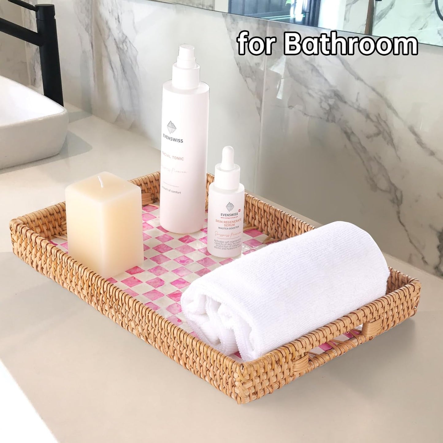 Rattan Serving Tray / Pink Checkerboard