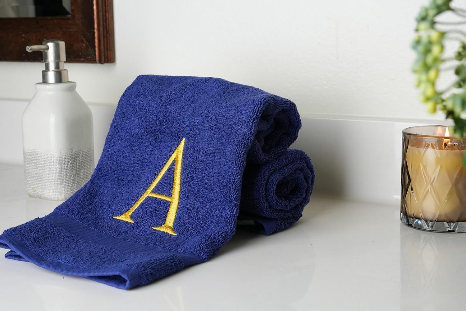 Navy with Gold Monogrammed Hand Towels for Bathroom - Set of 2 Letter A | Luxury Hotel Quality Initial Towels For