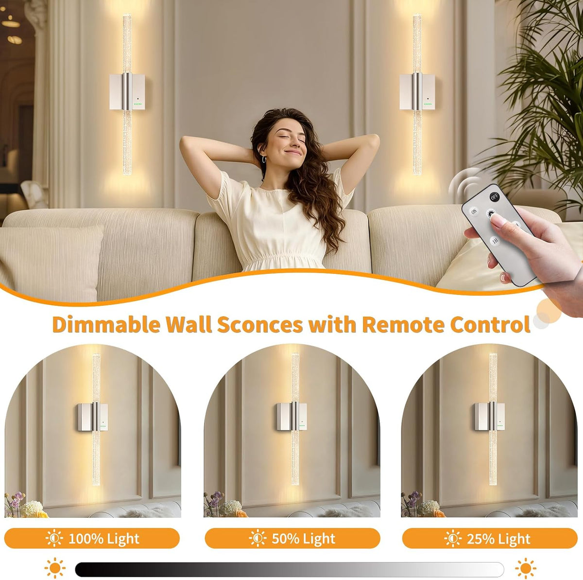 Battery Operated Wireless Wall Sconces, 2 Pack Dimmable Wall Lighting | Slypadan Extra Large Rechargeable