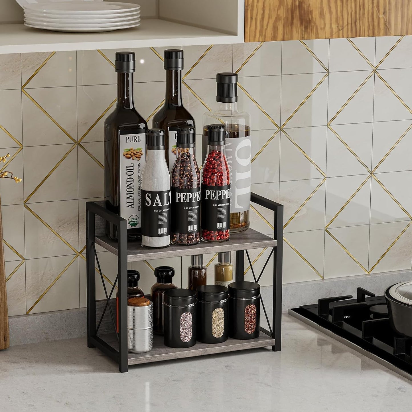 Giikin Countertop Shelf Organizer, 2 Tier Kitchen Spice Rack for Countertop, Wood Kitchen Counter Shelf for Home