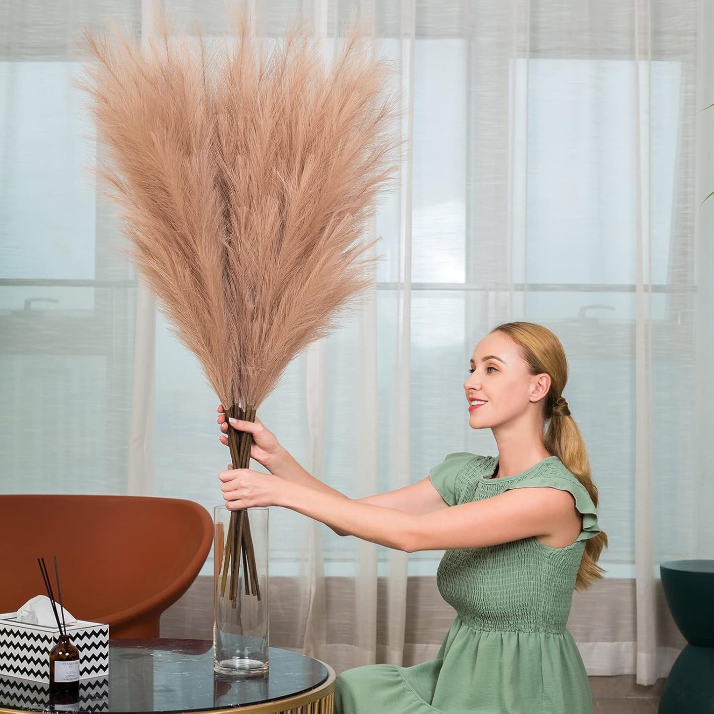43"/110cm Faux Pampas Grass 6 Stems Large Pompass Grass Branches Tall Bulk Boho Flower / Taupe