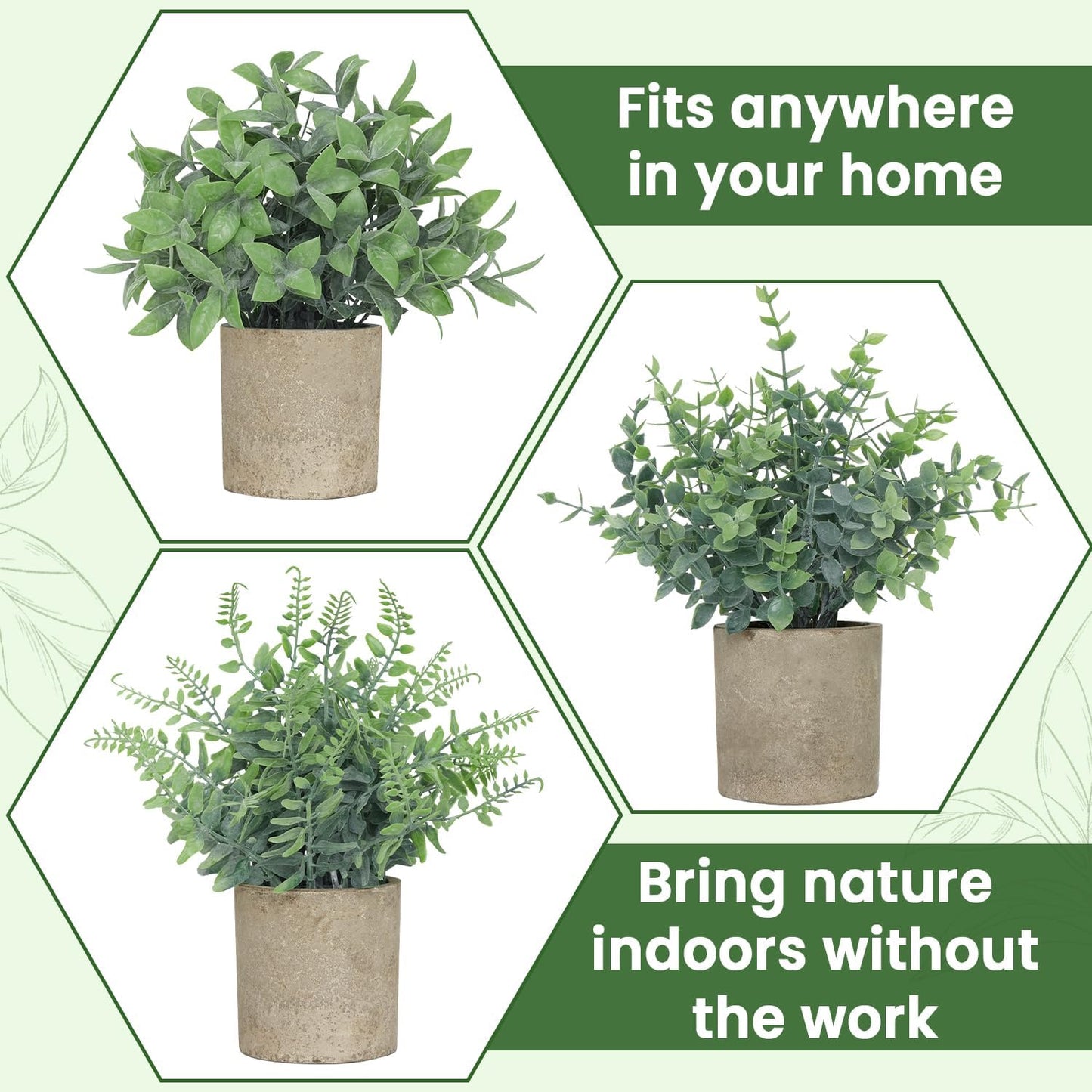 Small Fake Plants / Paper Pulp Pot - Gray / Green Eucalyptus & Boston Fern&boxwood / Set of 3