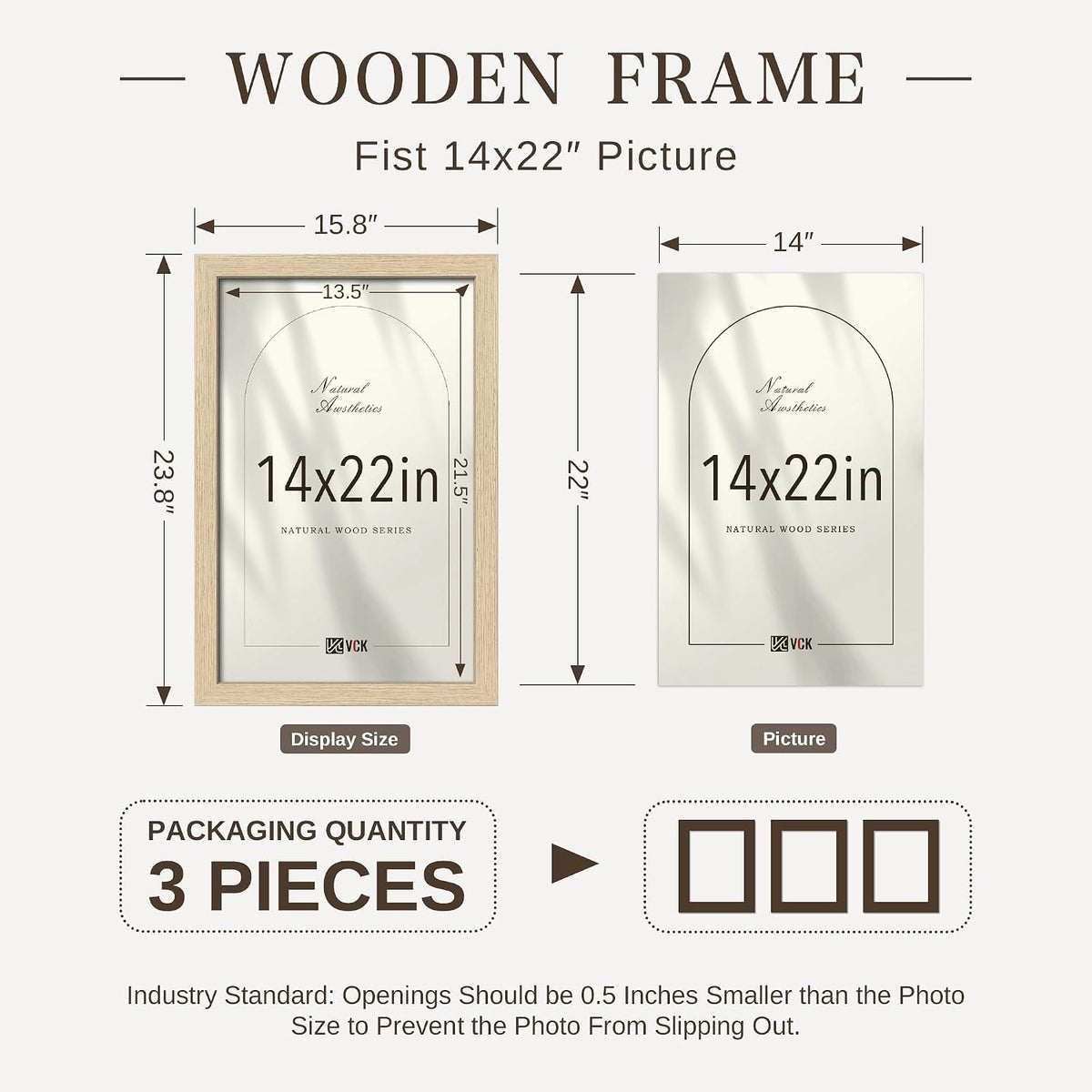 VCK 14x22 Picture Frame Set of 3, Natural Oak Woodgrain, Wall Hanging | Wide Border, Exclusive Woodgrain, Shatterproof