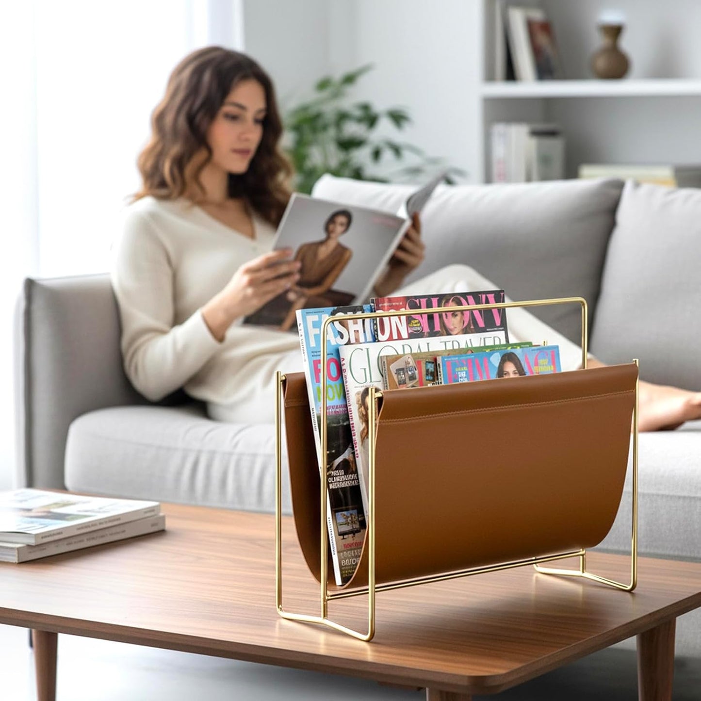 MyGift 15-Inch Magazine Holder Brown Leatherette Sling & Brass Plated Metal | Modern Metal Frame Faux Leather Sling
