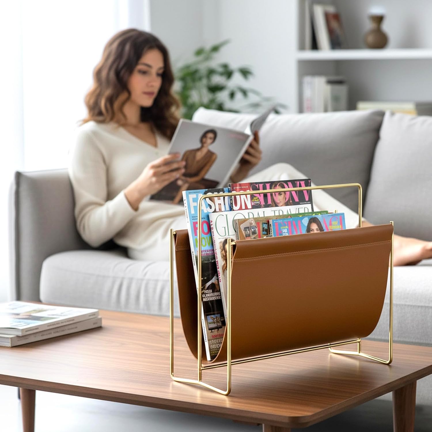 MyGift 15-Inch Magazine Holder Brown Leatherette Sling & Brass Plated Metal | Modern Metal Frame Faux Leather Sling