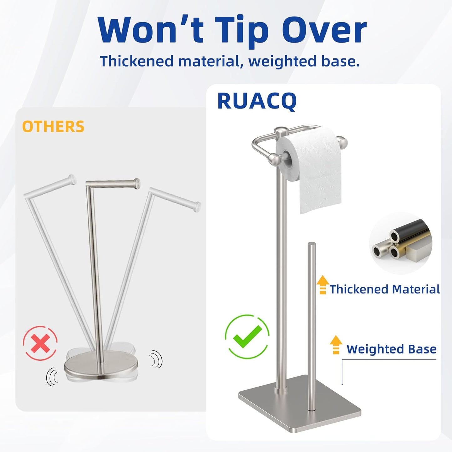 RUACQ Bathroom Toilet Paper Holder Stand with Storage, Brushed Nickel | Pivoting Free Standing Toilet Roll Holder