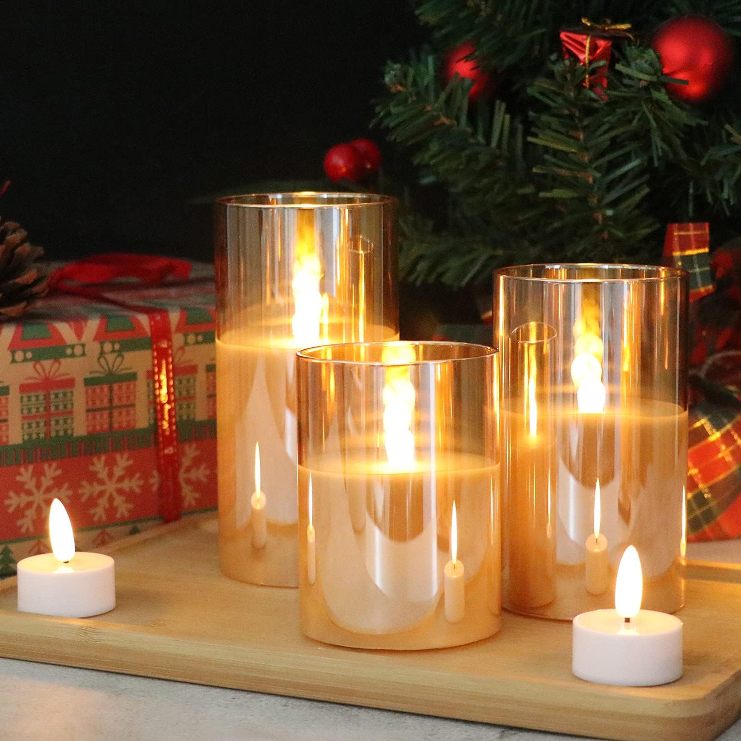 GenSwin Glass Flameless Led Candles Battery Operated with Remote Timer Gold | Bookshelf Decor, Moody Bathroom Decor