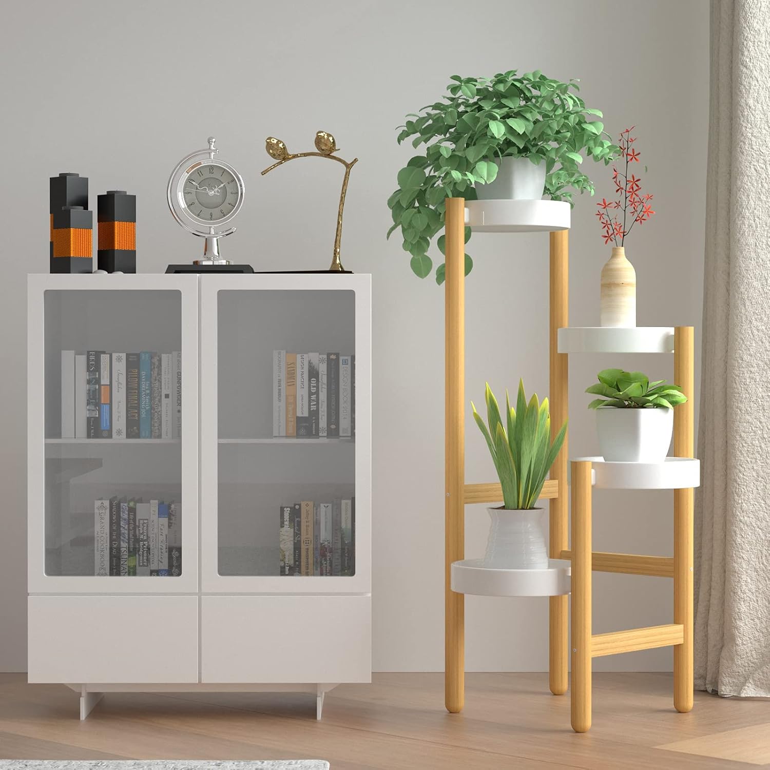 Wisuce Bamboo Plant Stand Indoor, 4 Tier Tall Corner Plant Shelf Table | Easy-Clean Steel Top | Smooth Bamboo | Narrow