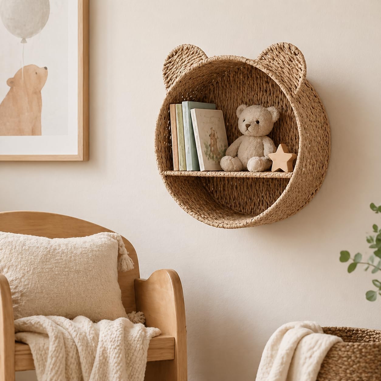 Woven Wall Basket Shelf Bear Nursery Decor / Khaki