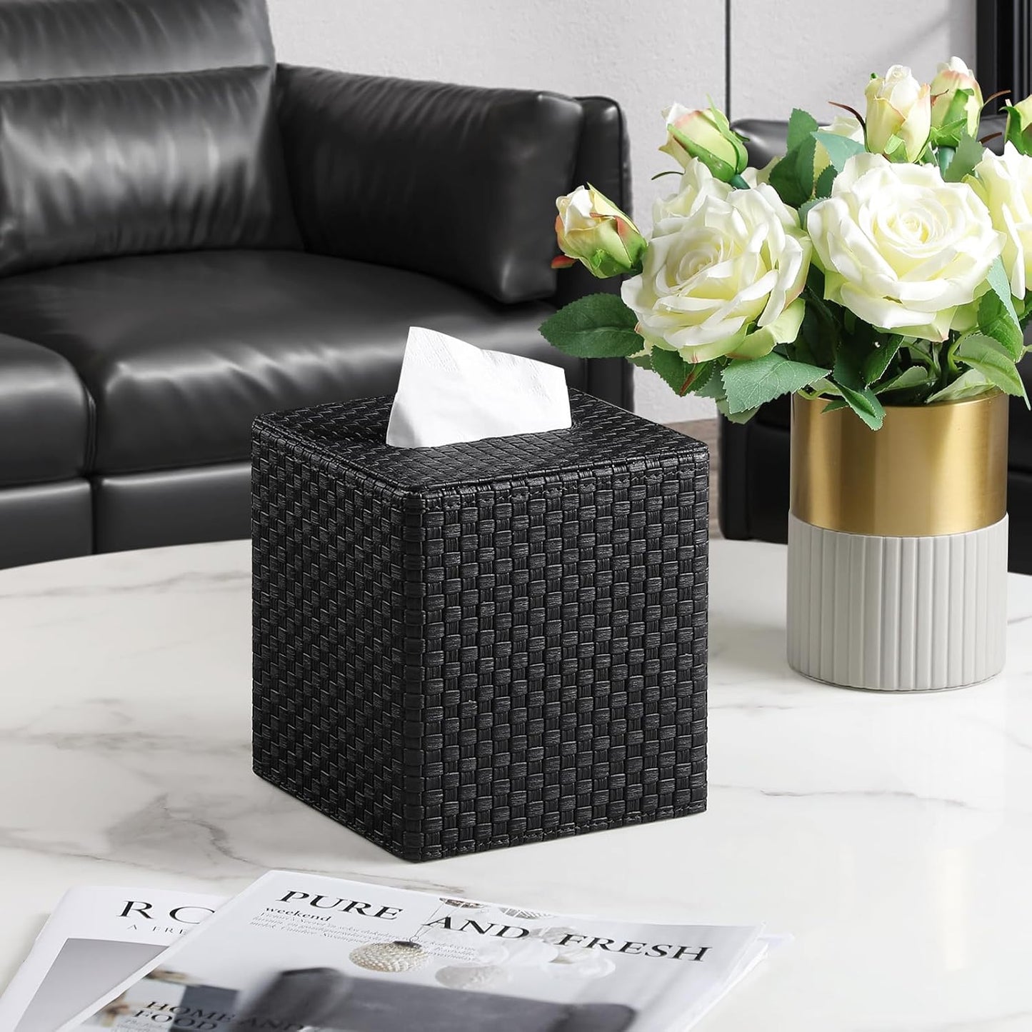 Square Tissue Box Cover / Black Woven Pattern