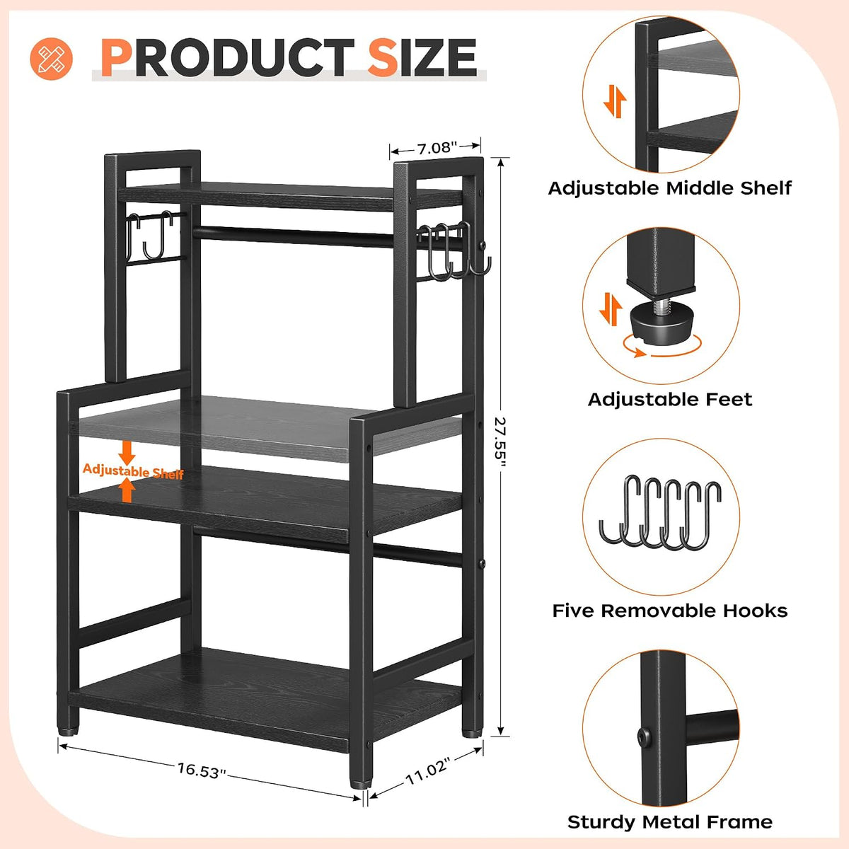 Kitchen Countertop Organizer, 3 Tier Large Spice Rack Organizer with Adjustable Shelf and 5 Hooks, Wooden Counter