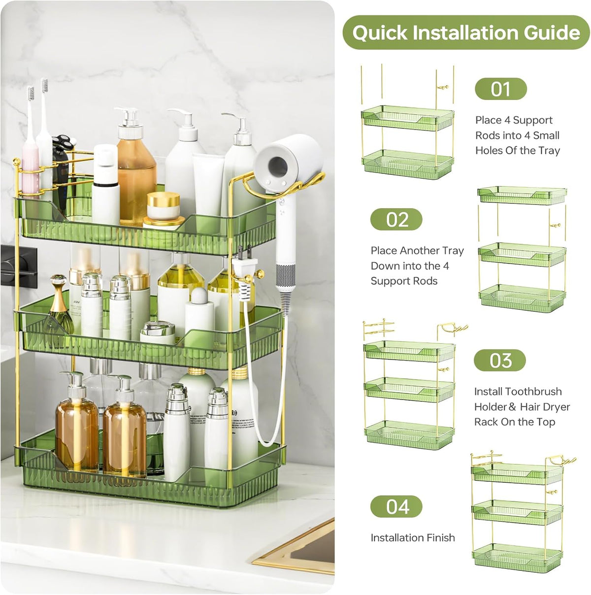 Bathroom Counter Organizer with Hair Dryer Holder and Toothbrush Holder, Acrylic Vanity Tray for Skincare, Perfume