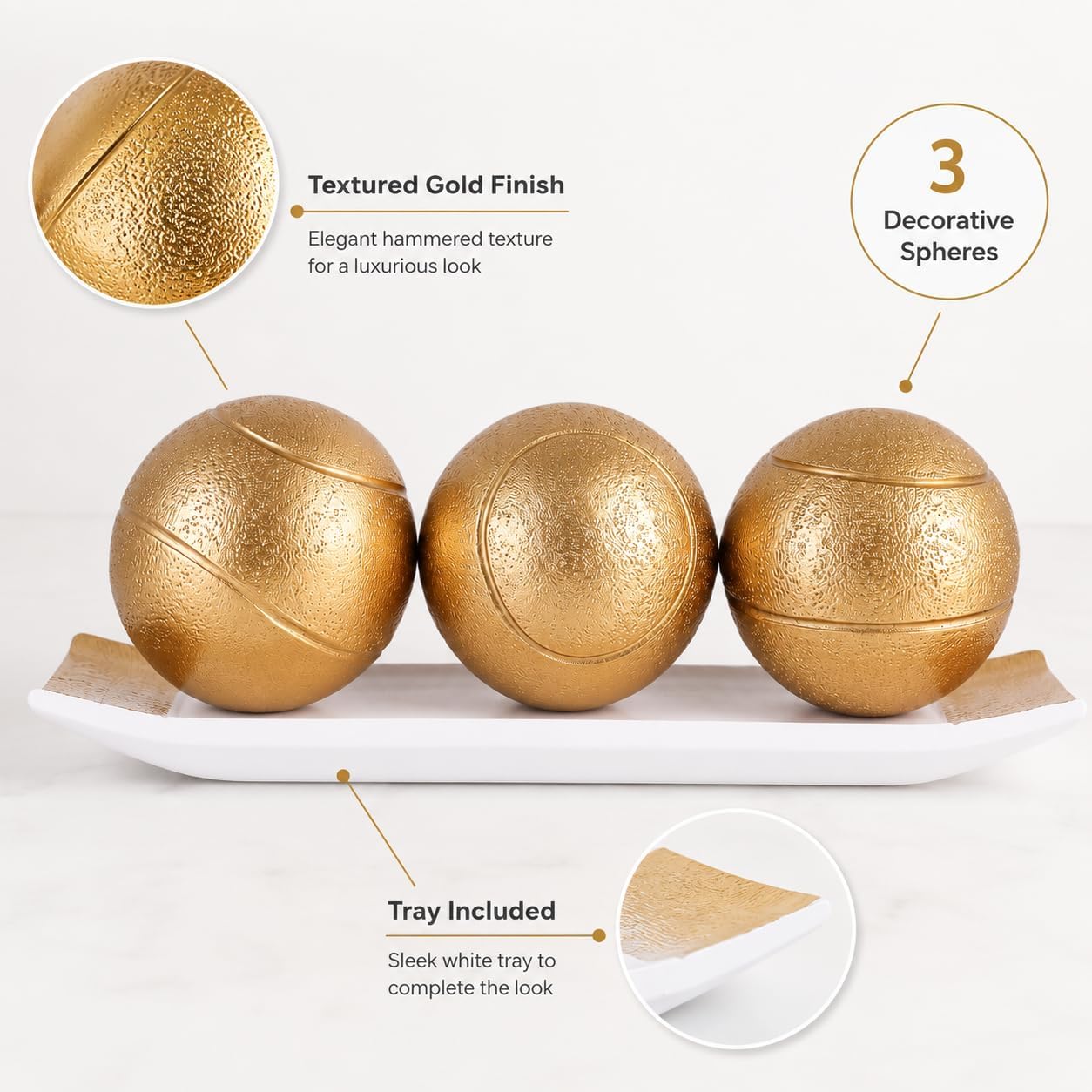 Small Decorative Tray and Orbs Balls Set / White Gold