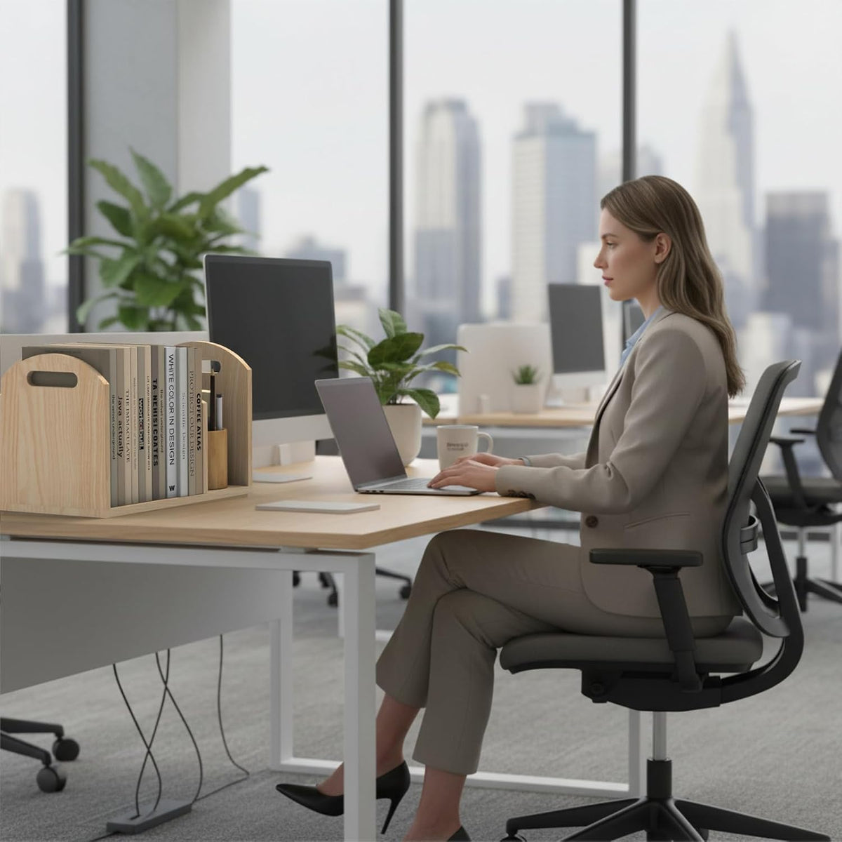 Wood Desktop Bookshelf, Upright Tabletop Book Shelf With Adjustable Divider Secure Books in Place, Desk Shelf for Top