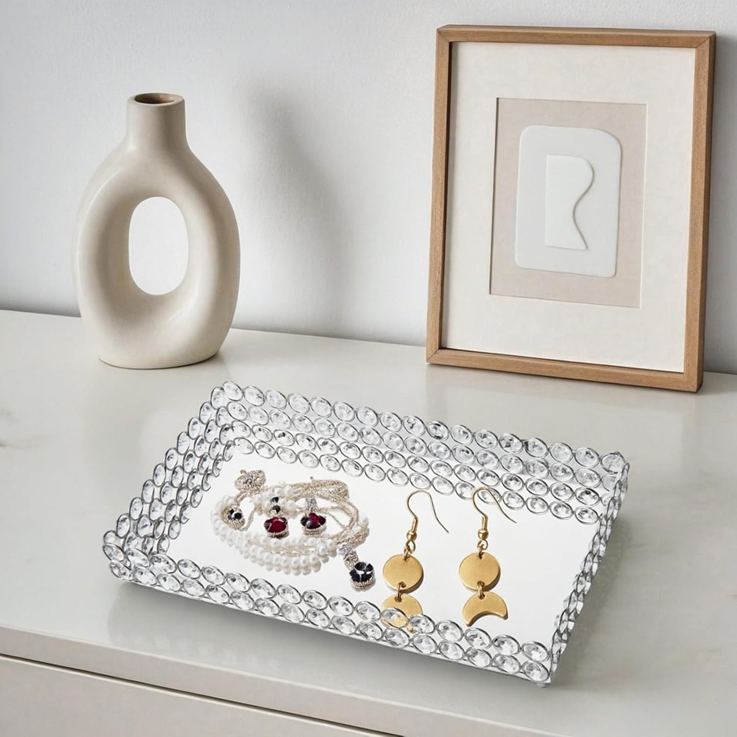 Crystal Perfume Tray Cosmetic Vanity Makeup Tray Mirrored Jewelry Trinket Rings Earrings / Silver