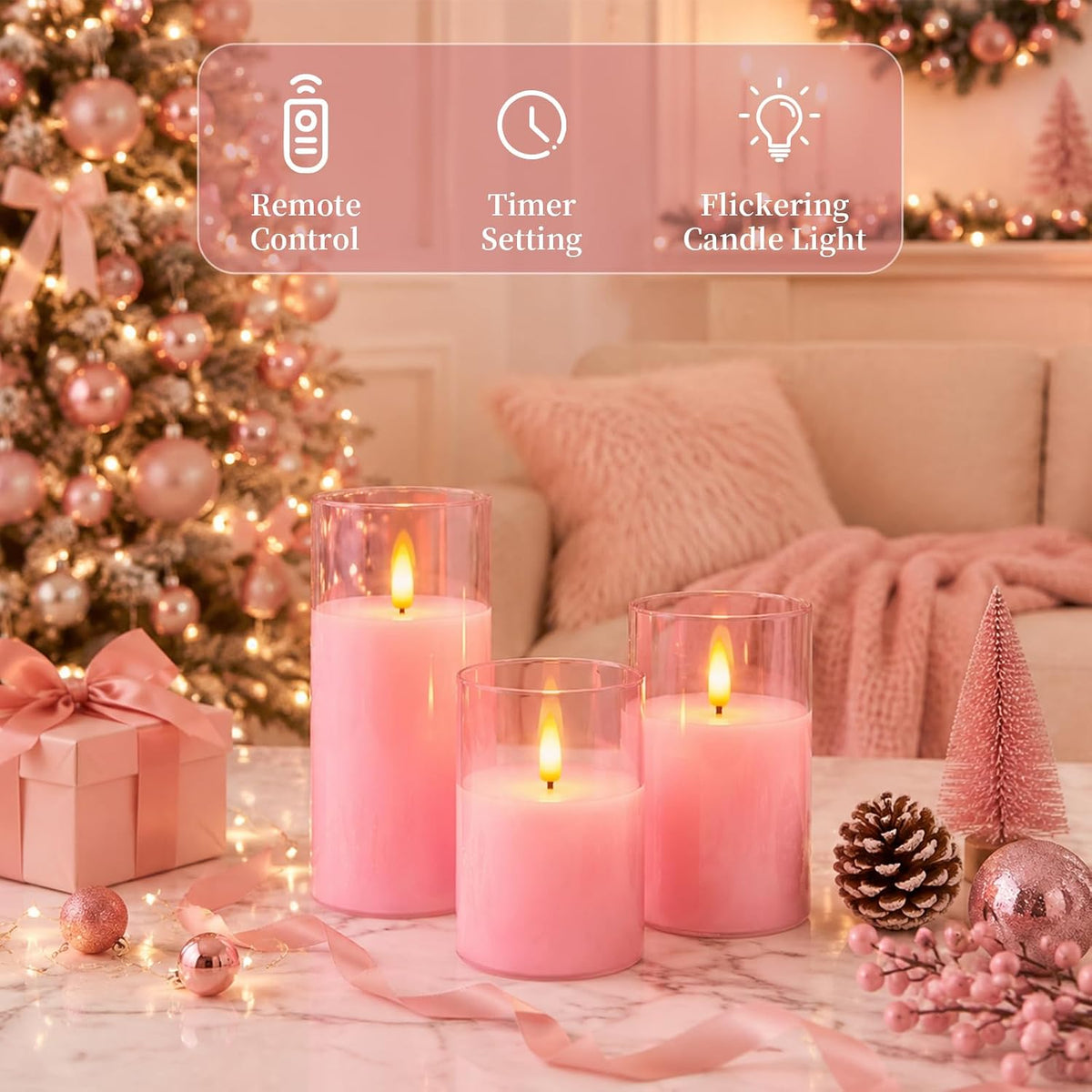 Amagic Pink Glass Flameless LED Candles Battery Operated with Remote Timer | Real Wax Pillar Electric Candle, 3D