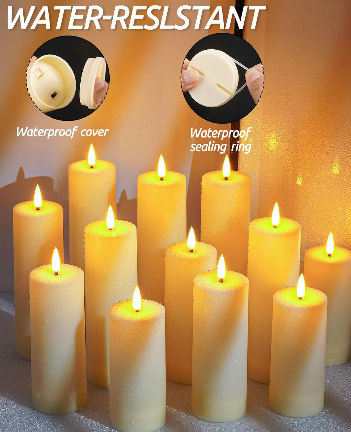 12 Pack Outdoor Waterproof Battery Operated Fake flameless LED Candles Set with Remote Control Timer, Warm White