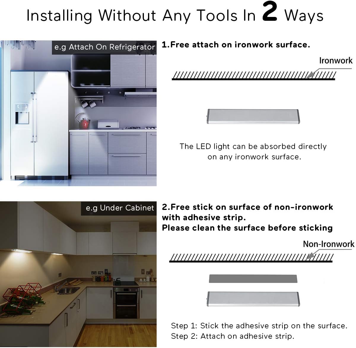 Stick On Cabinet Light,Under Counter Lighting, Motion Sensor, 10 LED Wireless USB Rechargeable Kitchen Battery Operated