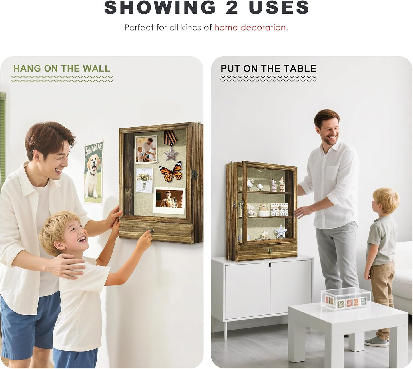 16x20 Brown Solid Wood Shadow Box Display Case, 3.1" Deep | Linen Back, Removable Shelves & Drawers, Display Flowers