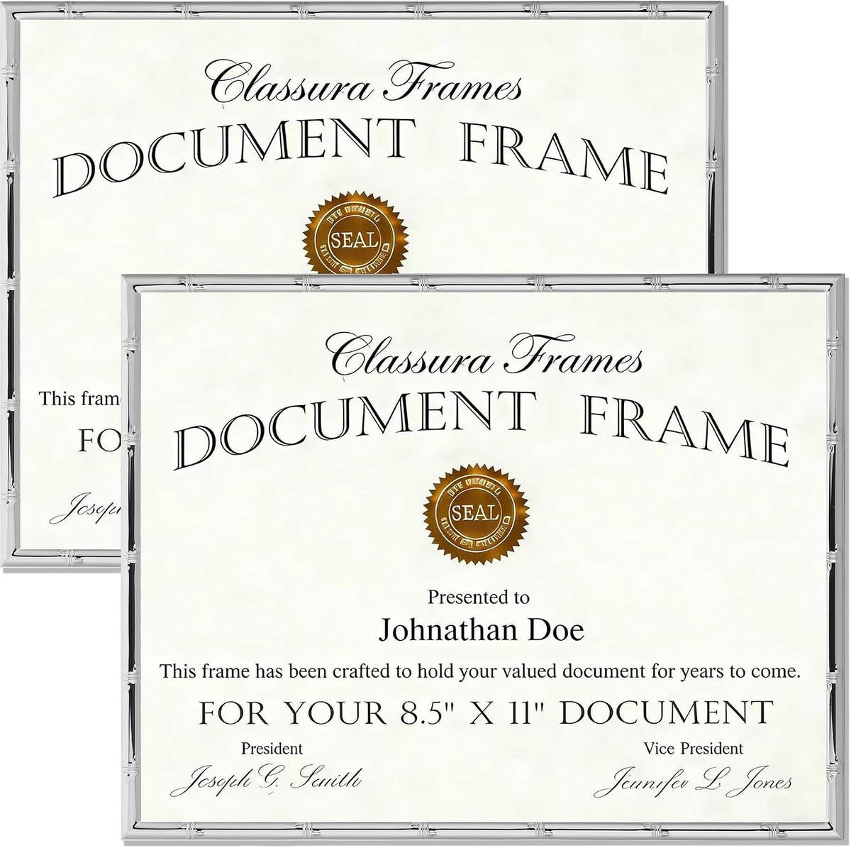 YiPinYin Silver 8.5x11'' Bamboo Detail Designs Metal Document Frame 2pack,Classy Silver Plated Certificated Frames