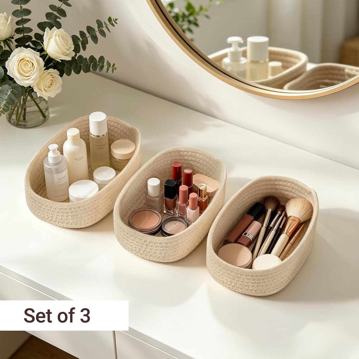 Small Oval Woven Storage Baskets for Organizing / Set of 3