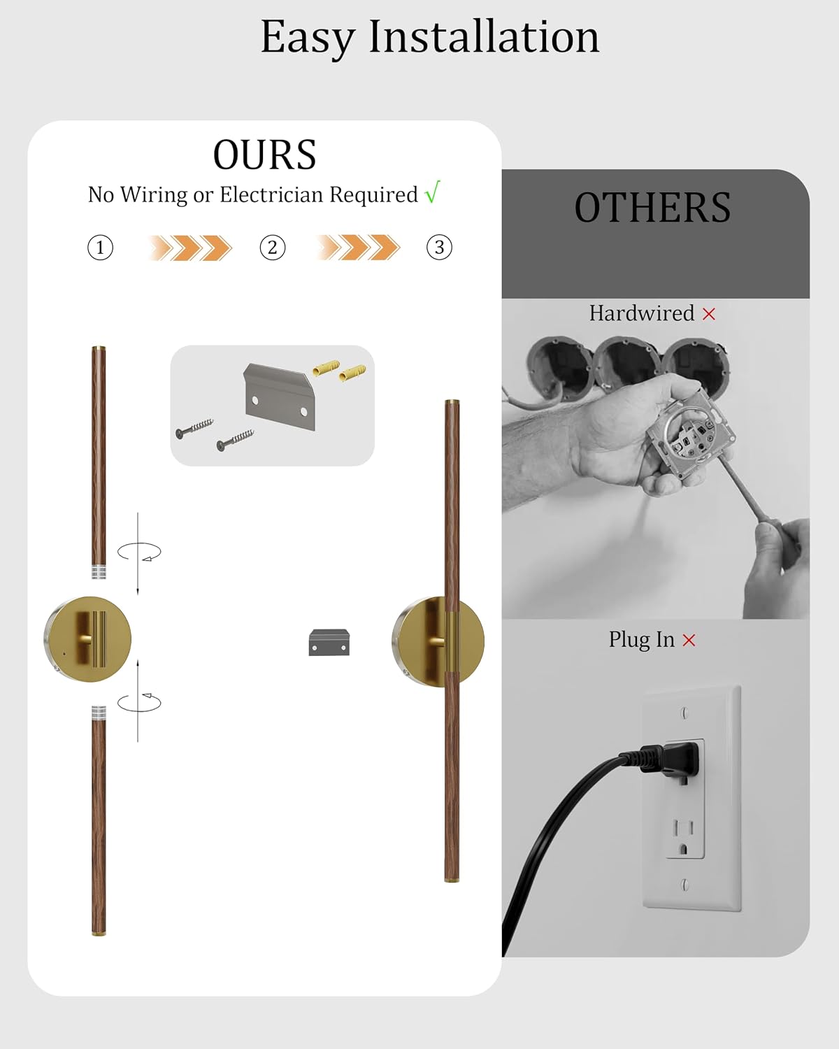 24" Battery Operated Wall Sconce Set of 2, 350° Rotating Lamp, Walnut Gold | Wireless, 8000mAh Rechargeable Battery