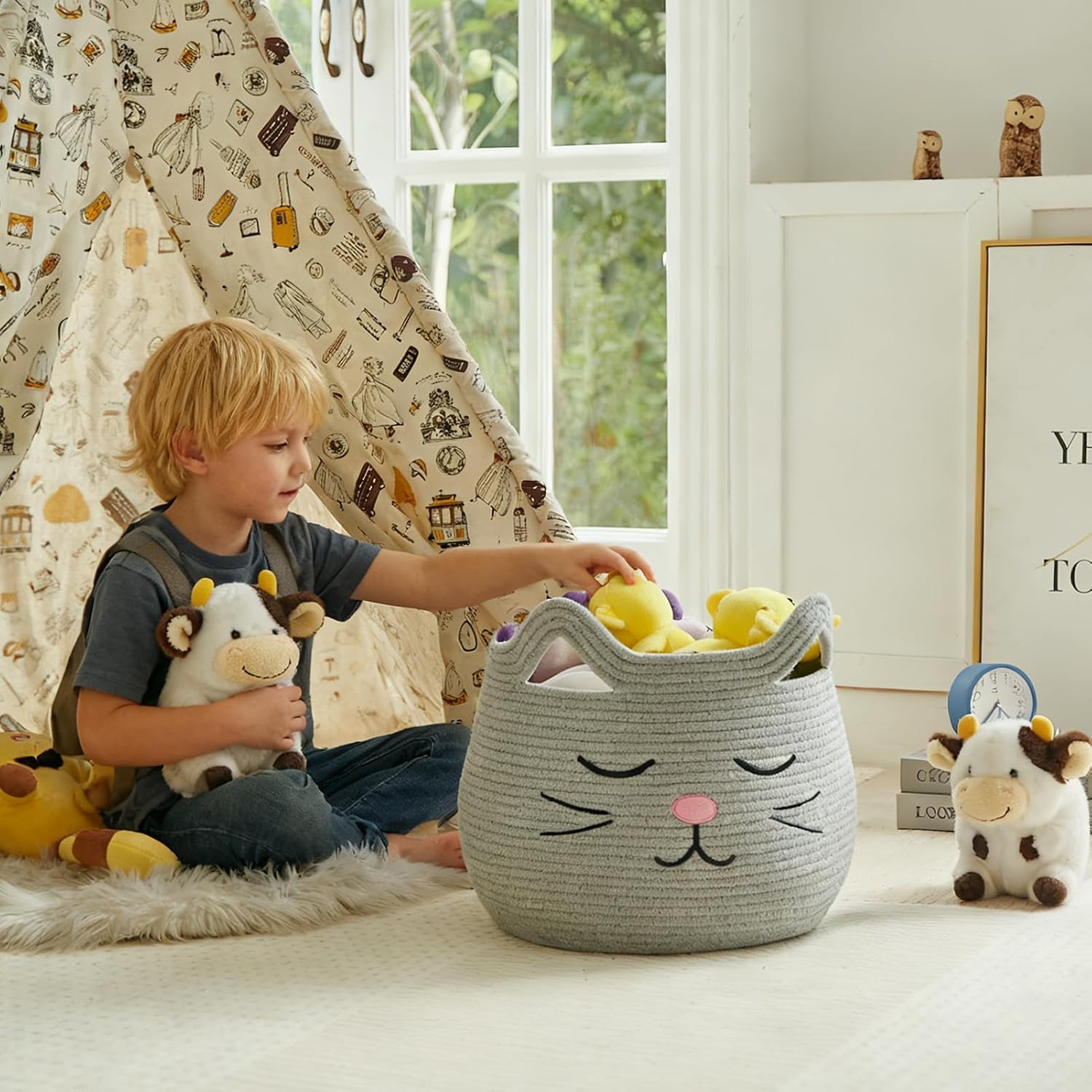 Animal Baskets Large Woven Cotton Rope Storage / Grey / Cute Grey Cat