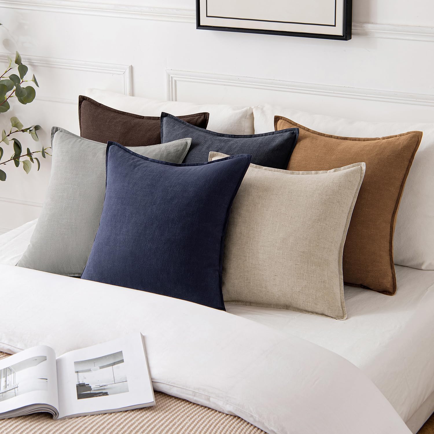 Decorative Linen Pillow Covers ​Boho Farmhouse​ ​Neutral Couch Throw / 20 x 20 / Brown / Set of 2
