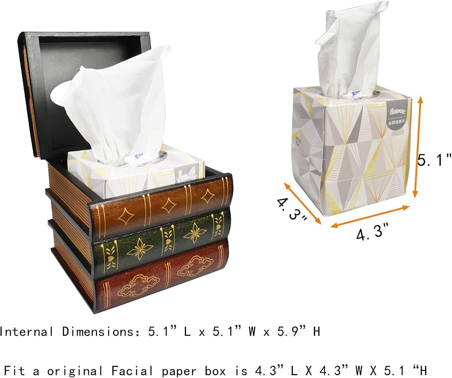 Hand-Made Retro Wooden Antique Book Tissue Box Cover Square Tissue Holder Dispenser Paper / Coffce