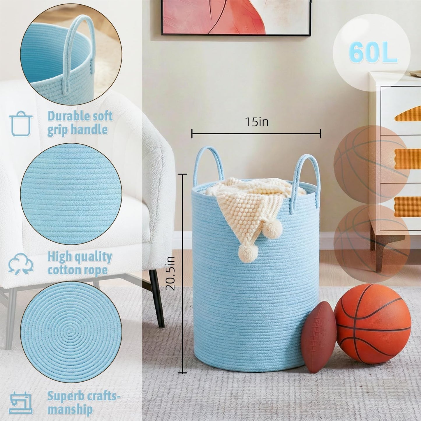 Laundry Basket / Woven Cotton Rope Laundry Hamper / Blue / 60L