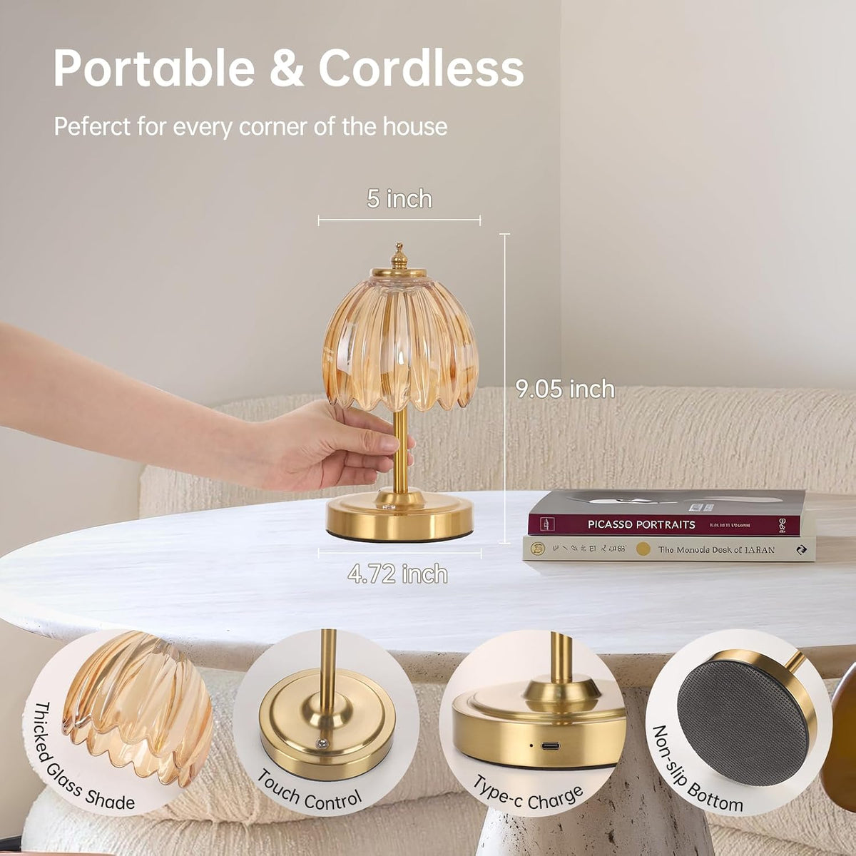Shenmoyl Tulip Small Table Lamp, 5200mAh Cordless Touch Control Mini Table Lamp with 3 Color Temps & Stepless Dimming