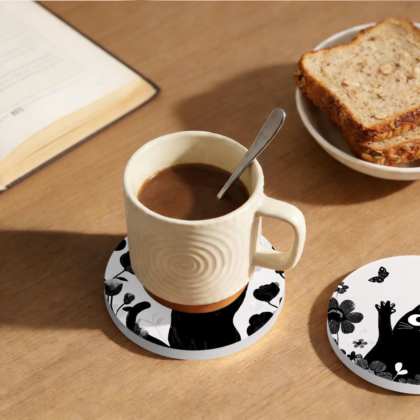 Flowers Ceramic Absorbent Coasters / Black Cat / Set of 6