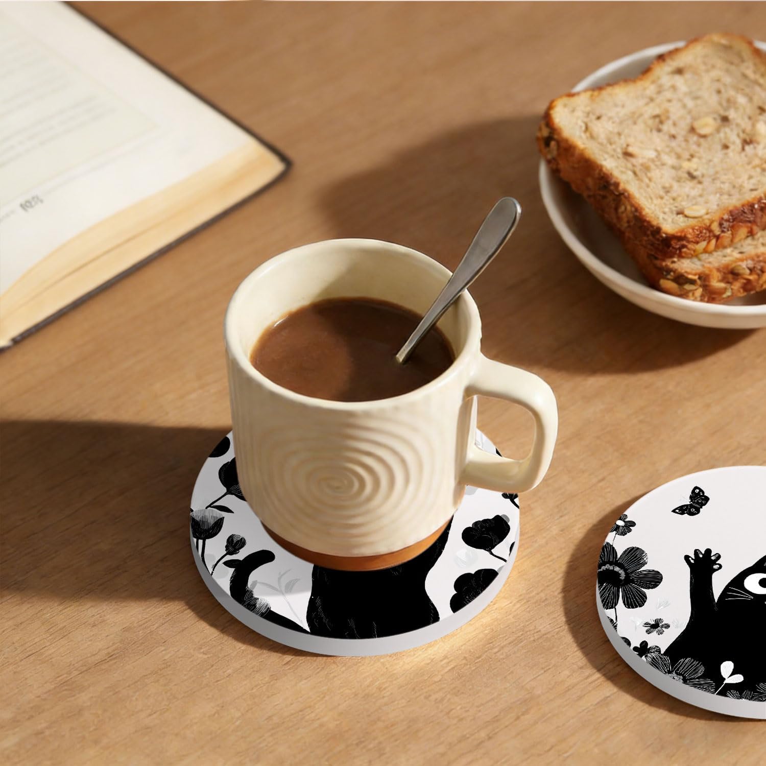 Flowers Ceramic Absorbent Coasters / Black Cat / Set of 6