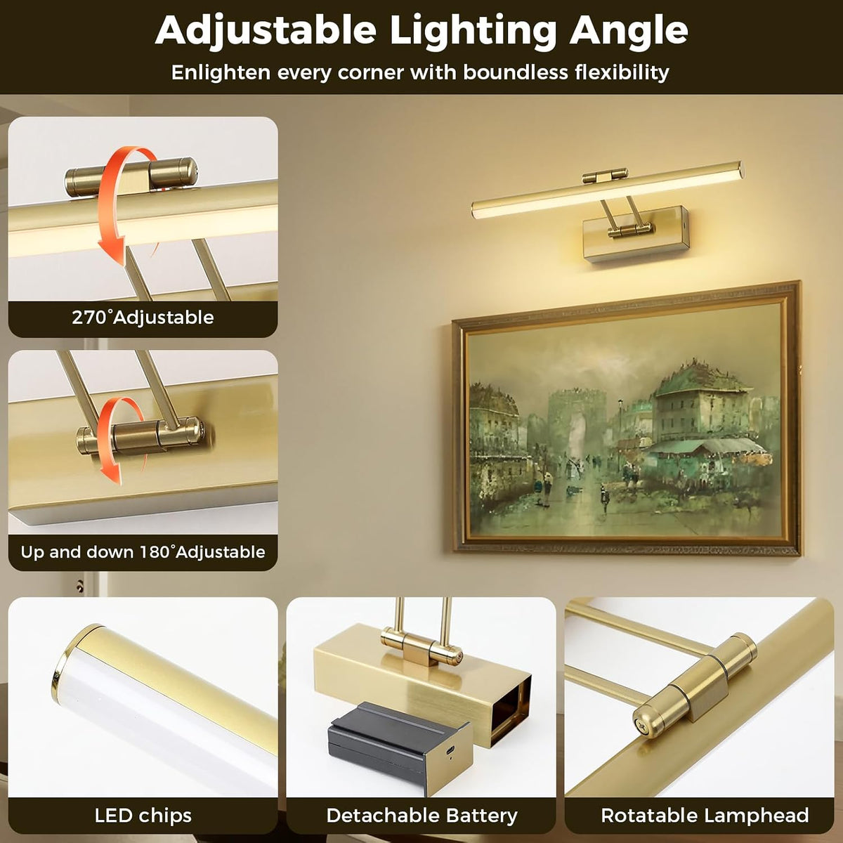 JUSHENG Picture Lights for Wall Battery Operated, Brass 3CCT Dimmable Gallery Light with Detachable Battery and Timer