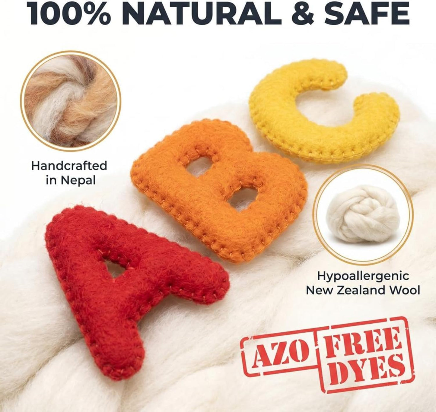 Glaciart One Alphabet Garland - Natural Handmade Wool ABC Letters & Balls - Decorative Wall Decor for Classroom