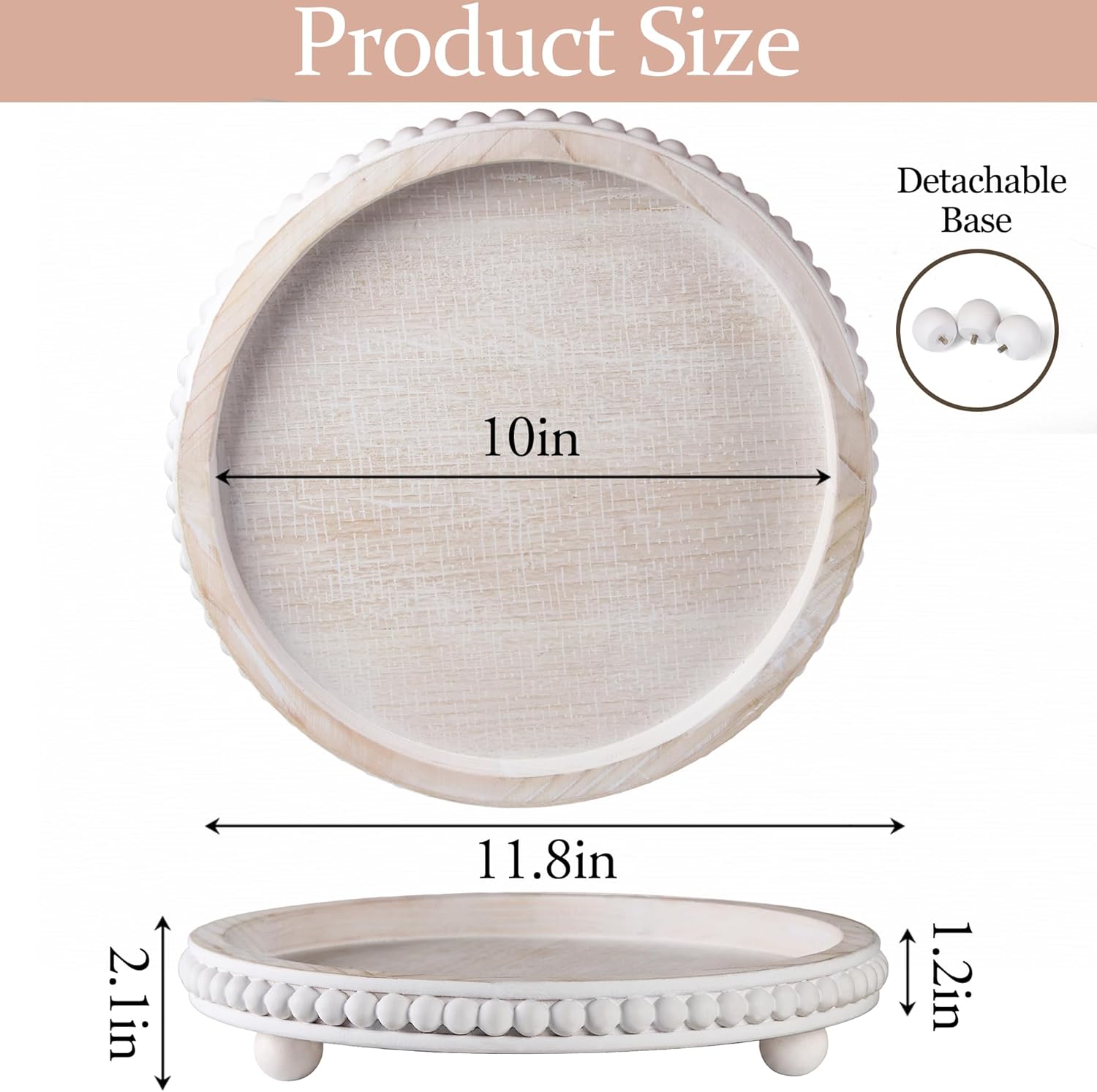 Washed Wooden Beaded Tray / White / Round / 12 Inch