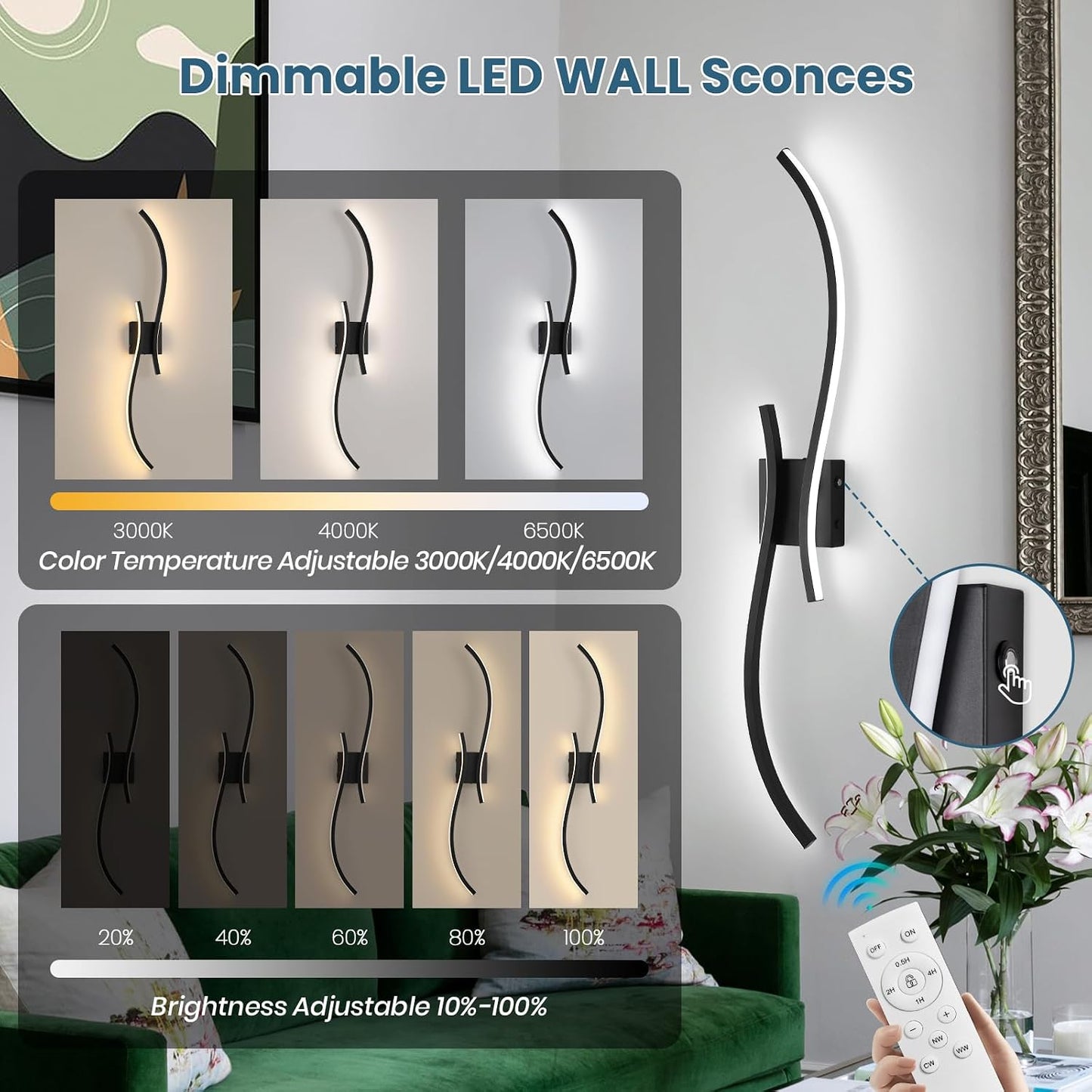 Battery Operated Wall Sconce Set of 2, 18000mAh Black Rechargeable Wall Lights with Remote Control,3000K-6000K Dimmable